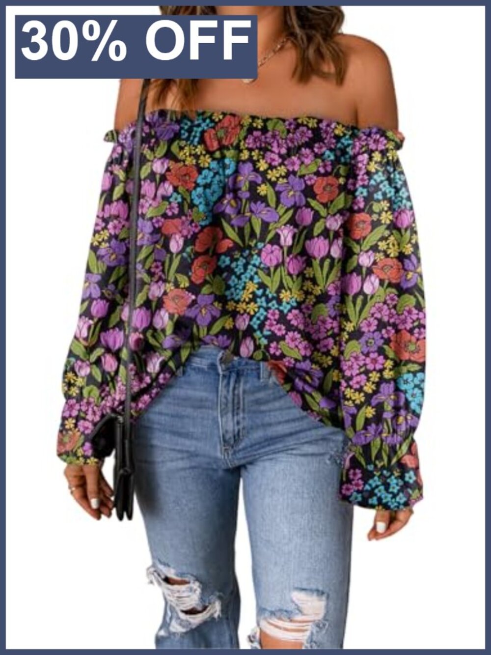 Womens Off Shoulder Ruffle Long Sleeve Chiffon Blouse Loose Fit